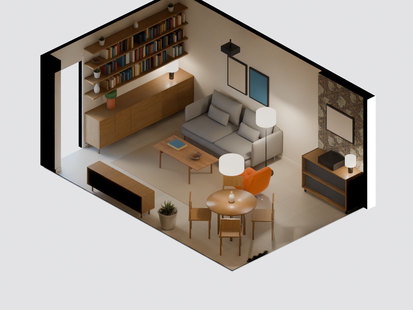 Vue isométrique depuis le sud-est (murs sud et est coupés) : table ronde, DYVLINGE, UGGLERUM, déco (rideau coupé avec le mur est) · Chêne